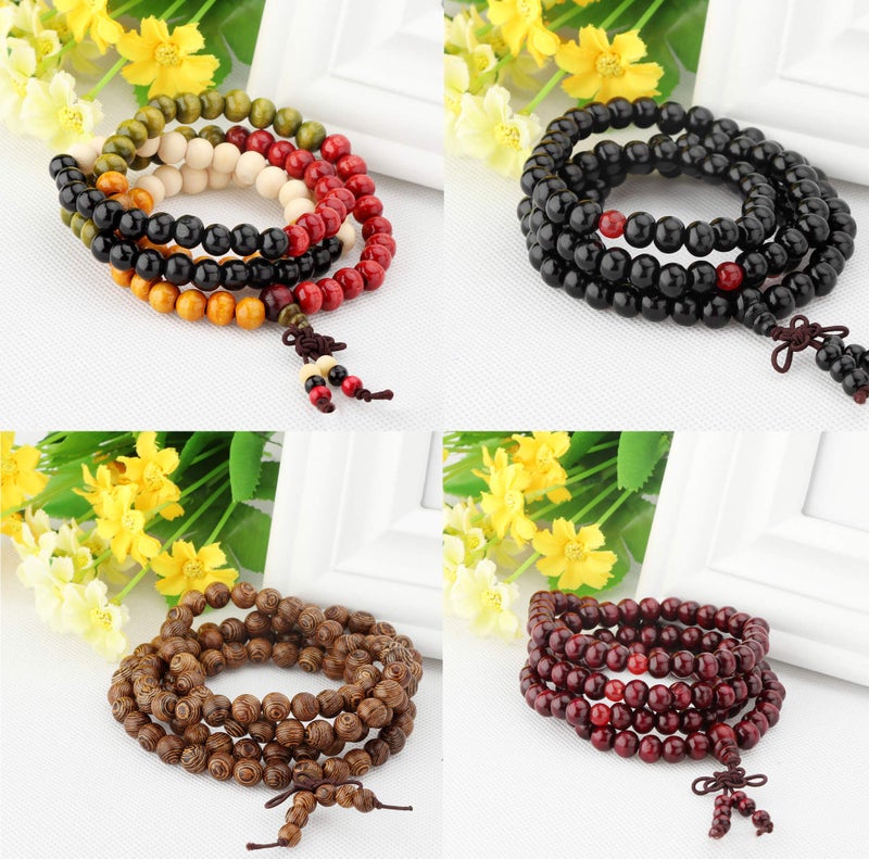 LOYALLOOK 8Pcs 108 Mala Bead Bracelets 8MM Tibetan Buddha Wood Beaded Sandalwood Link Wrist Necklace Chain Bracelets Multilayer Buddhist Prayer Strand Bracelet Meditation Necklace Elastic Chinese Knot - Image 4